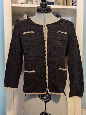 INC International Concepts Black Crochet Cardigan with Cream Trim